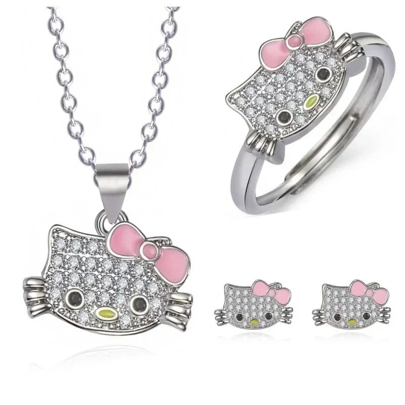 Sanrio Hello Kitty Jewelry Anime Figures Cartoon Alloyed Necklace Ring Stud Earrings Anime Merchandise Decoration Birthday Gifts - Good Gifts, Gurl