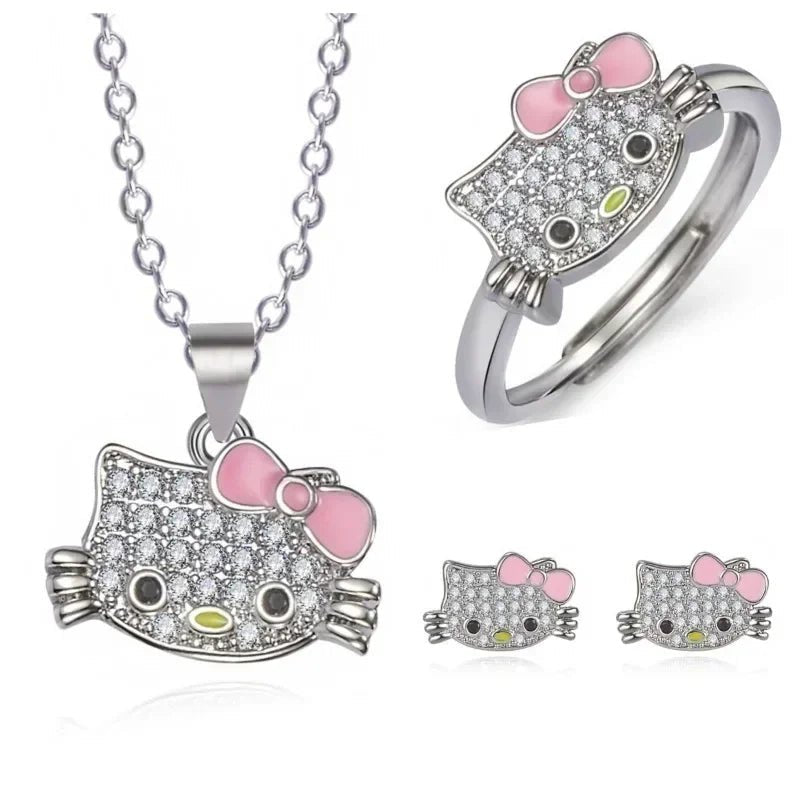 Sanrio Hello Kitty Jewelry Anime Figures Cartoon Alloyed Necklace Ring Stud Earrings Anime Merchandise Decoration Birthday Gifts - Good Gifts, Gurl