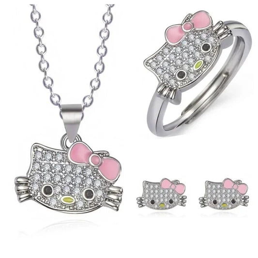 Sanrio Hello Kitty Jewelry Anime Figures Cartoon Alloyed Necklace Ring Stud Earrings Anime Merchandise Decoration Birthday Gifts - Good Gifts, Gurl