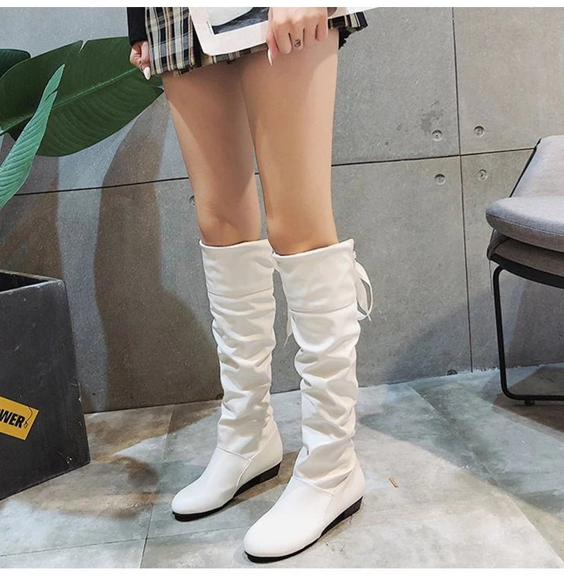 Shoes For Women 2022 Spring Knee High Boots Red Black White Tall Boots Woman Pleated Low Heel Casual Leather Female Long Shoes - Good Gifts, Gurl