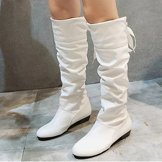 Shoes For Women 2022 Spring Knee High Boots Red Black White Tall Boots Woman Pleated Low Heel Casual Leather Female Long Shoes - Good Gifts, Gurl