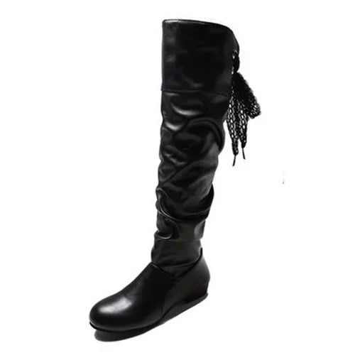 Shoes For Women 2022 Spring Knee High Boots Red Black White Tall Boots Woman Pleated Low Heel Casual Leather Female Long Shoes - Good Gifts, Gurl