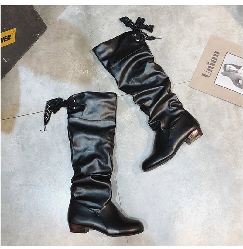 Shoes For Women 2022 Spring Knee High Boots Red Black White Tall Boots Woman Pleated Low Heel Casual Leather Female Long Shoes - Good Gifts, Gurl