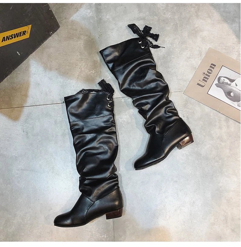 Shoes For Women 2022 Spring Knee High Boots Red Black White Tall Boots Woman Pleated Low Heel Casual Leather Female Long Shoes - Good Gifts, Gurl