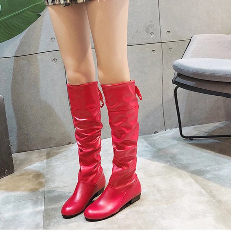 Shoes For Women 2022 Spring Knee High Boots Red Black White Tall Boots Woman Pleated Low Heel Casual Leather Female Long Shoes - Good Gifts, Gurl
