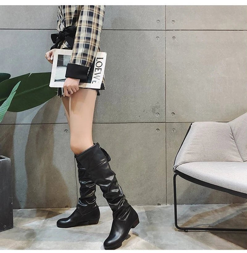 Shoes For Women 2022 Spring Knee High Boots Red Black White Tall Boots Woman Pleated Low Heel Casual Leather Female Long Shoes - Good Gifts, Gurl