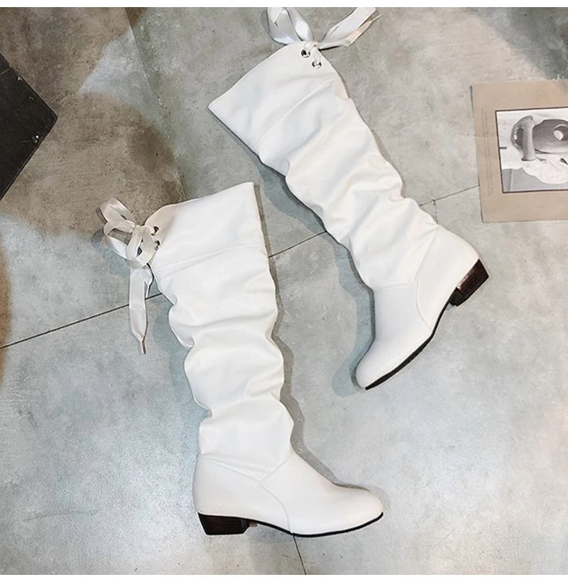 Shoes For Women 2022 Spring Knee High Boots Red Black White Tall Boots Woman Pleated Low Heel Casual Leather Female Long Shoes - Good Gifts, Gurl