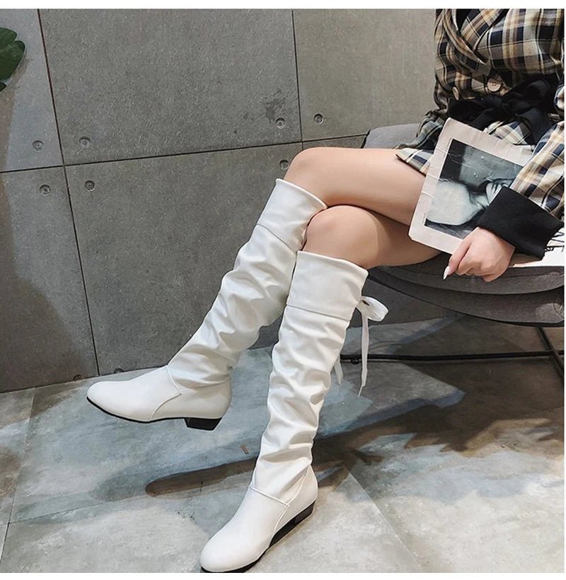Shoes For Women 2022 Spring Knee High Boots Red Black White Tall Boots Woman Pleated Low Heel Casual Leather Female Long Shoes - Good Gifts, Gurl