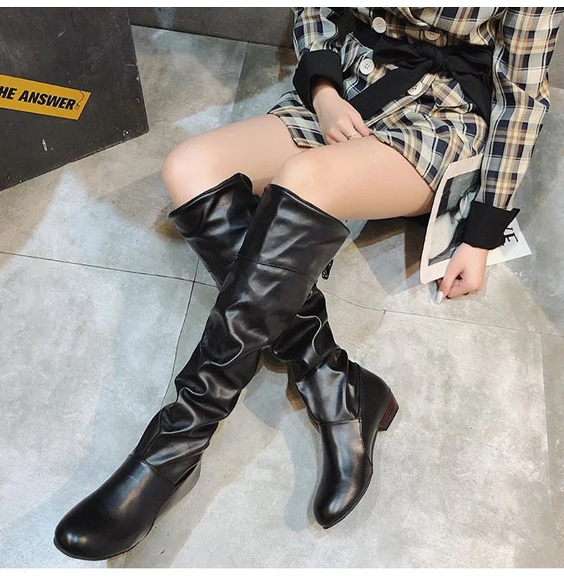 Shoes For Women 2022 Spring Knee High Boots Red Black White Tall Boots Woman Pleated Low Heel Casual Leather Female Long Shoes - Good Gifts, Gurl