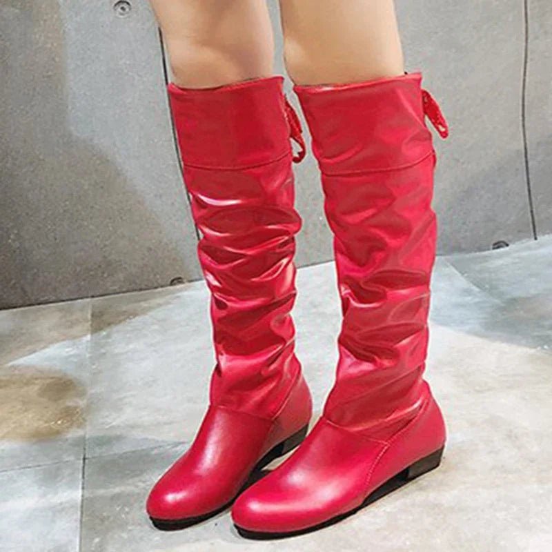 Shoes For Women 2022 Spring Knee High Boots Red Black White Tall Boots Woman Pleated Low Heel Casual Leather Female Long Shoes - Good Gifts, Gurl