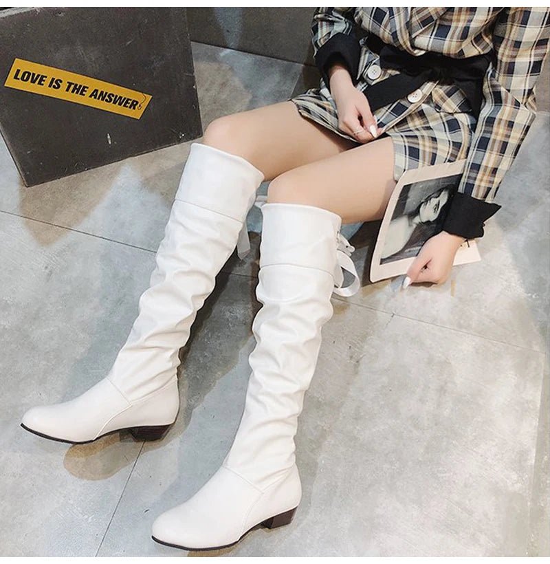 Shoes For Women 2022 Spring Knee High Boots Red Black White Tall Boots Woman Pleated Low Heel Casual Leather Female Long Shoes - Good Gifts, Gurl