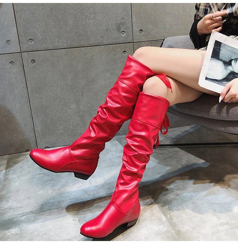 Shoes For Women 2022 Spring Knee High Boots Red Black White Tall Boots Woman Pleated Low Heel Casual Leather Female Long Shoes - Good Gifts, Gurl