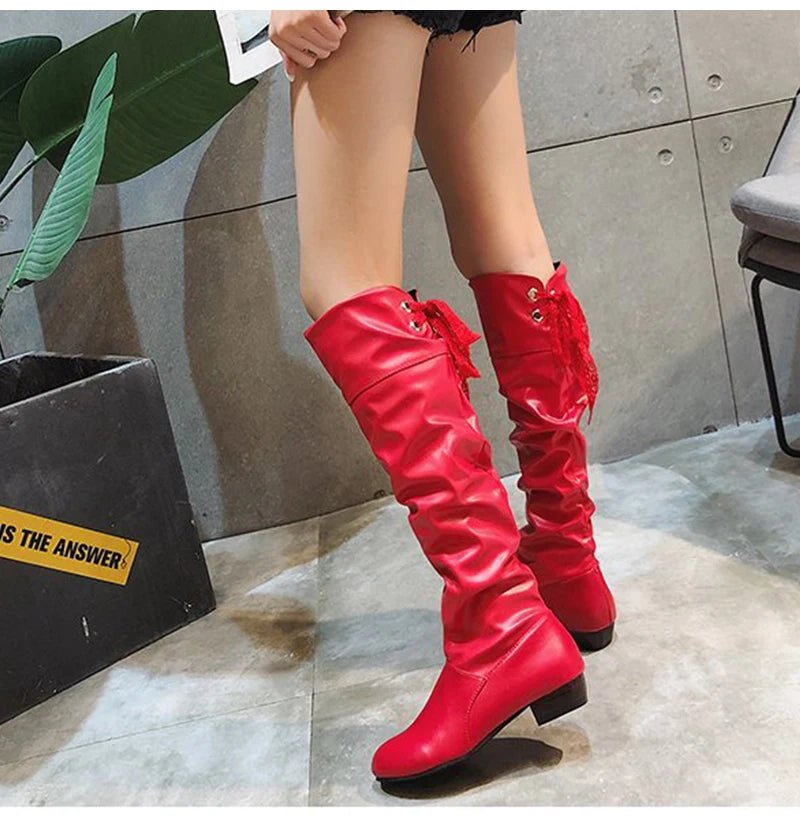 Shoes For Women 2022 Spring Knee High Boots Red Black White Tall Boots Woman Pleated Low Heel Casual Leather Female Long Shoes - Good Gifts, Gurl
