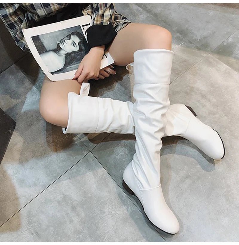 Shoes For Women 2022 Spring Knee High Boots Red Black White Tall Boots Woman Pleated Low Heel Casual Leather Female Long Shoes - Good Gifts, Gurl