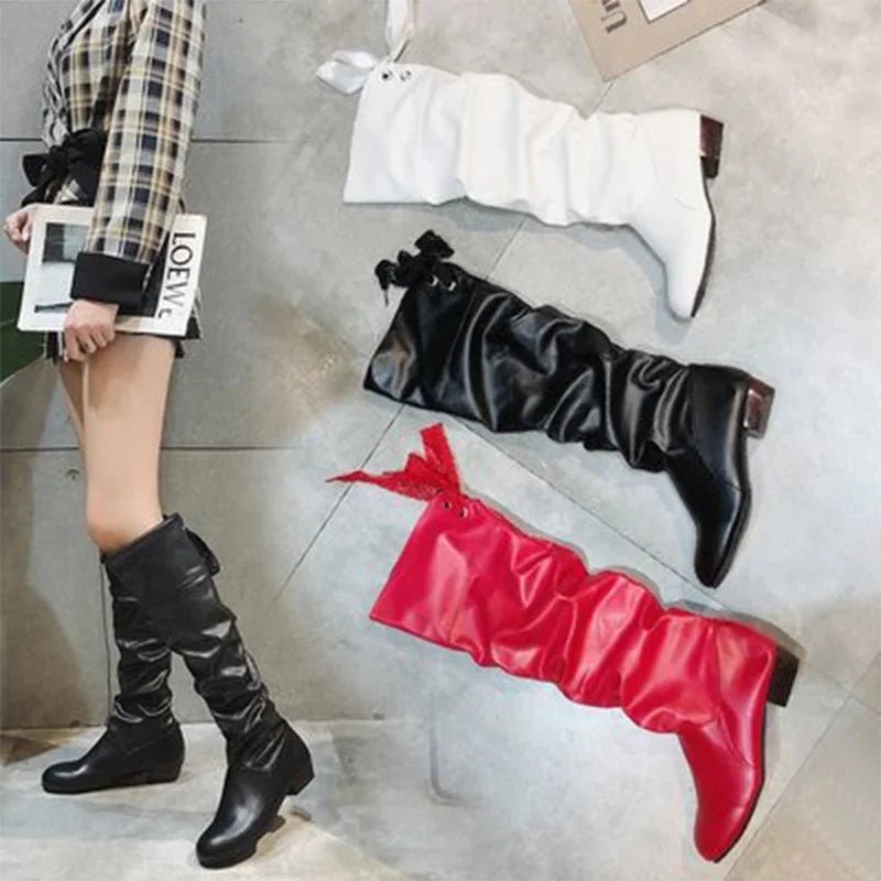 Shoes For Women 2022 Spring Knee High Boots Red Black White Tall Boots Woman Pleated Low Heel Casual Leather Female Long Shoes - Good Gifts, Gurl