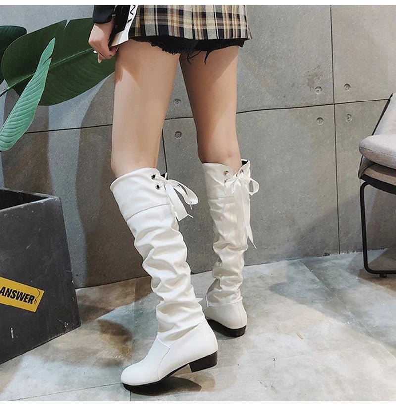 Shoes For Women 2022 Spring Knee High Boots Red Black White Tall Boots Woman Pleated Low Heel Casual Leather Female Long Shoes - Good Gifts, Gurl