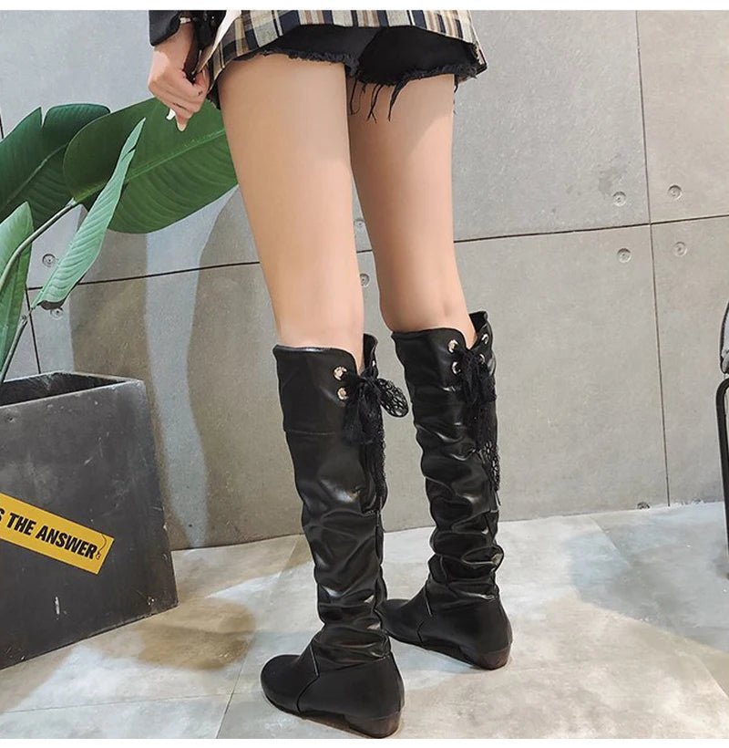 Shoes For Women 2022 Spring Knee High Boots Red Black White Tall Boots Woman Pleated Low Heel Casual Leather Female Long Shoes - Good Gifts, Gurl