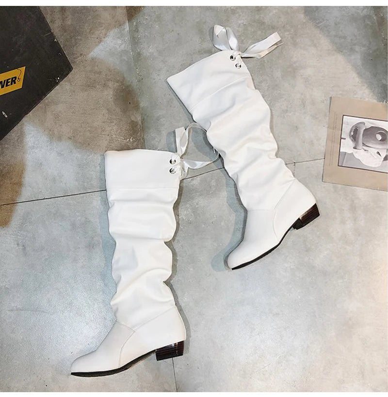 Shoes For Women 2022 Spring Knee High Boots Red Black White Tall Boots Woman Pleated Low Heel Casual Leather Female Long Shoes - Good Gifts, Gurl
