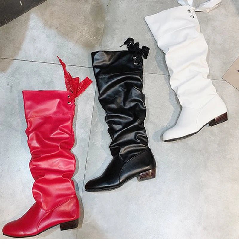 Shoes For Women 2022 Spring Knee High Boots Red Black White Tall Boots Woman Pleated Low Heel Casual Leather Female Long Shoes - Good Gifts, Gurl