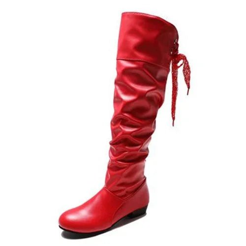 Shoes For Women 2022 Spring Knee High Boots Red Black White Tall Boots Woman Pleated Low Heel Casual Leather Female Long Shoes - Good Gifts, Gurl