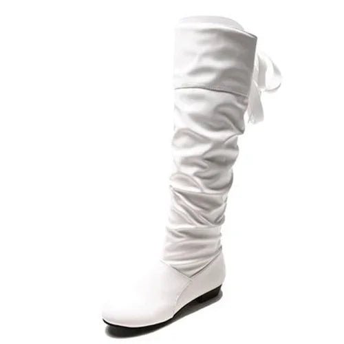 Shoes For Women 2022 Spring Knee High Boots Red Black White Tall Boots Woman Pleated Low Heel Casual Leather Female Long Shoes - Good Gifts, Gurl