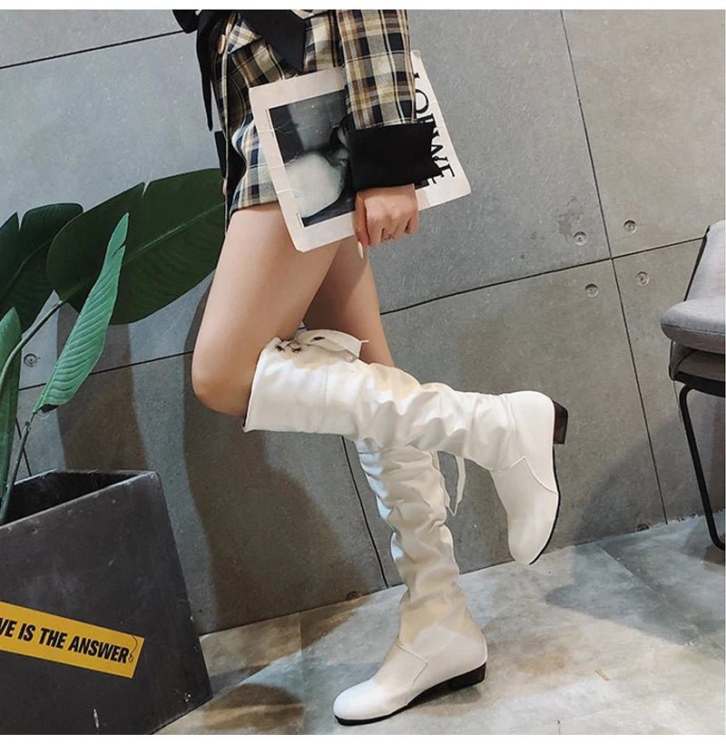 Shoes For Women 2022 Spring Knee High Boots Red Black White Tall Boots Woman Pleated Low Heel Casual Leather Female Long Shoes - Good Gifts, Gurl