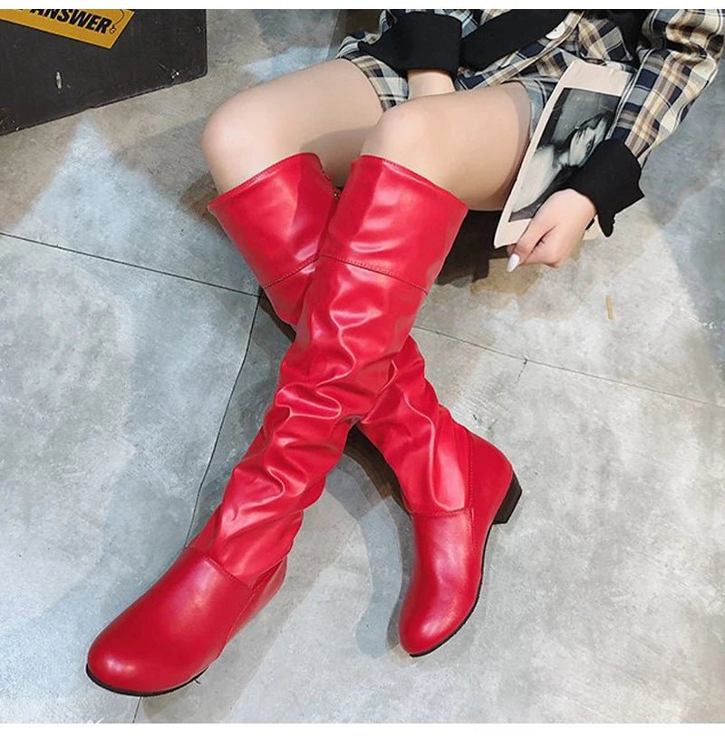 Shoes For Women 2022 Spring Knee High Boots Red Black White Tall Boots Woman Pleated Low Heel Casual Leather Female Long Shoes - Good Gifts, Gurl
