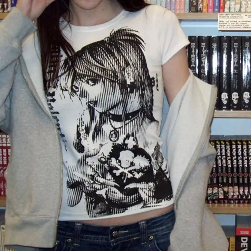 Y2k anime Streetwear O - neck 90s Text Printing Tops Women Harajuku Clothes Simple Vintage Crop Tee Aesthetic emo Casual T-shirt - Good Gifts, Gurl