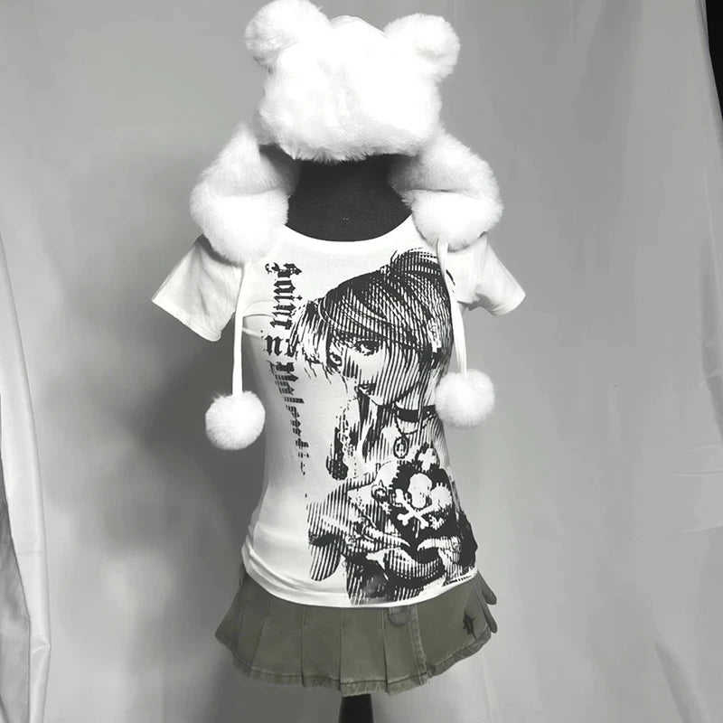 Y2k anime Streetwear O - neck 90s Text Printing Tops Women Harajuku Clothes Simple Vintage Crop Tee Aesthetic emo Casual T-shirt - Good Gifts, Gurl