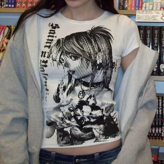 Y2k anime Streetwear O - neck 90s Text Printing Tops Women Harajuku Clothes Simple Vintage Crop Tee Aesthetic emo Casual T-shirt - Good Gifts, Gurl