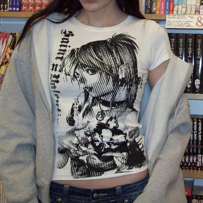 Y2k anime Streetwear O - neck 90s Text Printing Tops Women Harajuku Clothes Simple Vintage Crop Tee Aesthetic emo Casual T-shirt - Good Gifts, Gurl