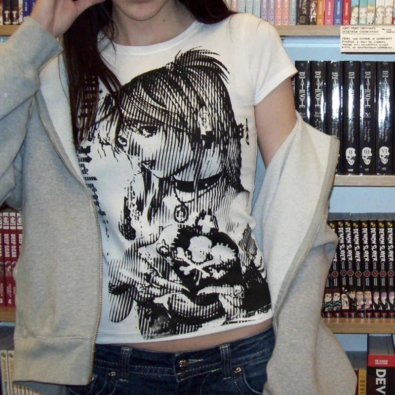 Y2k anime Streetwear O - neck 90s Text Printing Tops Women Harajuku Clothes Simple Vintage Crop Tee Aesthetic emo Casual T-shirt - Good Gifts, Gurl