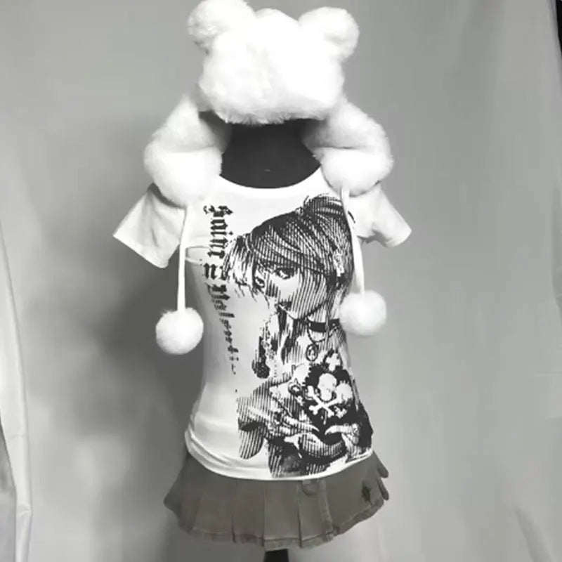 Y2k anime Streetwear O - neck 90s Text Printing Tops Women Harajuku Clothes Simple Vintage Crop Tee Aesthetic emo Casual T-shirt - Good Gifts, Gurl