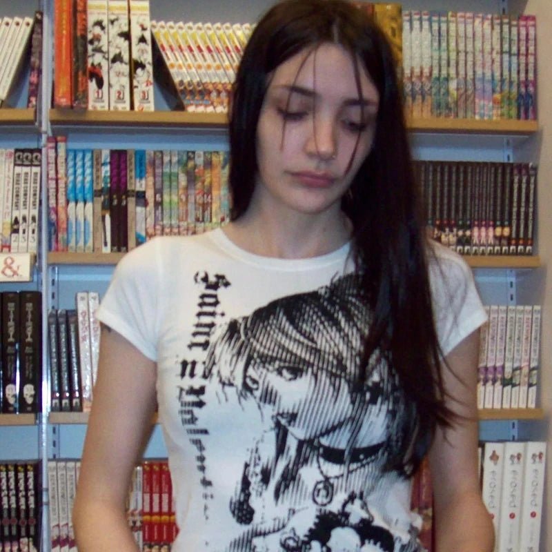 Y2k anime Streetwear O - neck 90s Text Printing Tops Women Harajuku Clothes Simple Vintage Crop Tee Aesthetic emo Casual T-shirt - Good Gifts, Gurl